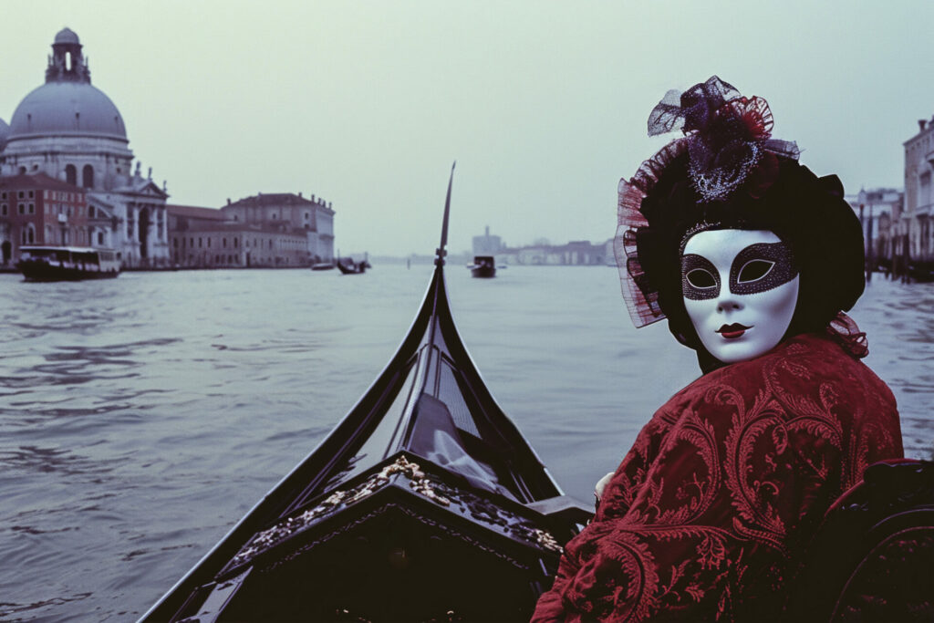 Costume tradizionale veneziano con maschera bianca e mantello rosso su gondola - attualita.it Costume tradizionale veneziano con maschera bianca e mantello rosso su gondola