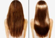 Prima e dopo trattamento alla cheratina confronto tra capelli crespi e opachi e capelli lisci, luminosi e disciplinati. Immagine illustrativa della differenza tra capelli trattati con cheratina e non trattati.