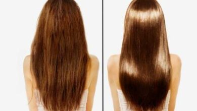 Prima e dopo trattamento alla cheratina confronto tra capelli crespi e opachi e capelli lisci, luminosi e disciplinati. Immagine illustrativa della differenza tra capelli trattati con cheratina e non trattati.