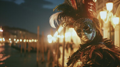 Primo piano di una maschera veneziana con piume rosse e dorate sfocatura di luci notturne sul canale