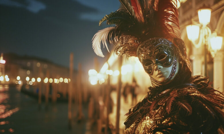 Primo piano di una maschera veneziana con piume rosse e dorate sfocatura di luci notturne sul canale - attualita.it Primo piano di una maschera veneziana con piume rosse e dorate sfocatura di luci notturne sul canale