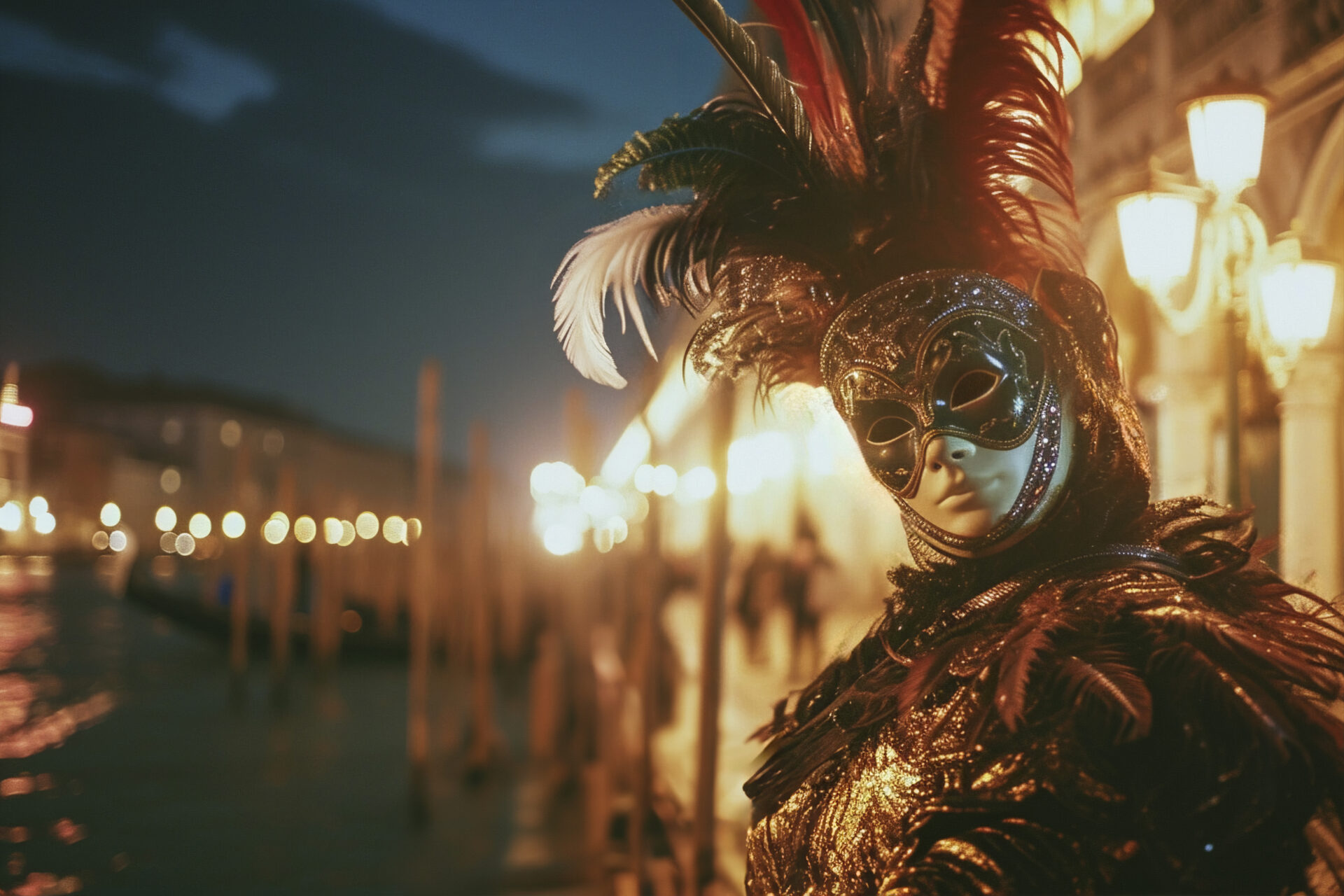 Primo piano di una maschera veneziana con piume rosse e dorate sfocatura di luci notturne sul canale