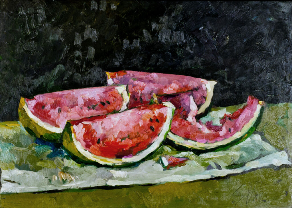 Fette di cocomero 70x50 - 1980 - Olio su nobilitato- Claudio Spattini nature morte con angurie su fondo scuro e pennellata vibrante - attualita.it Fette di cocomero 70x50 - 1980 - Olio su nobilitato- Claudio Spattini nature morte con angurie su fondo scuro e pennellata vibrante