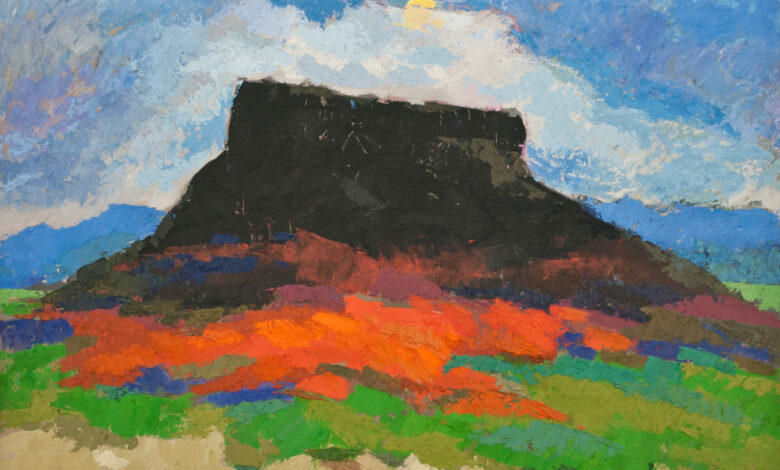 La pietra di Bismantova 100x80 - 1990 - Olio Sabbiato - Claudio Spattini paesaggio roccioso dai colori intensi con cielo azzurro e campi fioriti - attualita.it La pietra di Bismantova 100x80 - 1990 - Olio Sabbiato - Claudio Spattini paesaggio roccioso dai colori intensi con cielo azzurro e campi fioriti