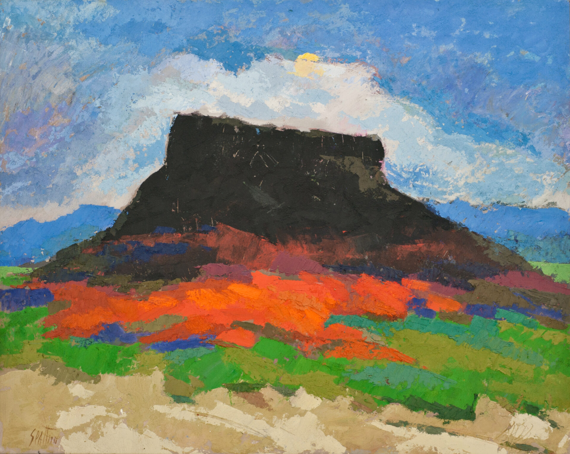 La pietra di Bismantova 100x80 - 1990 - Olio Sabbiato - Claudio Spattini paesaggio roccioso dai colori intensi con cielo azzurro e campi fioriti