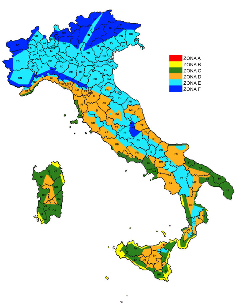 Mappa zone climatiche da A a F