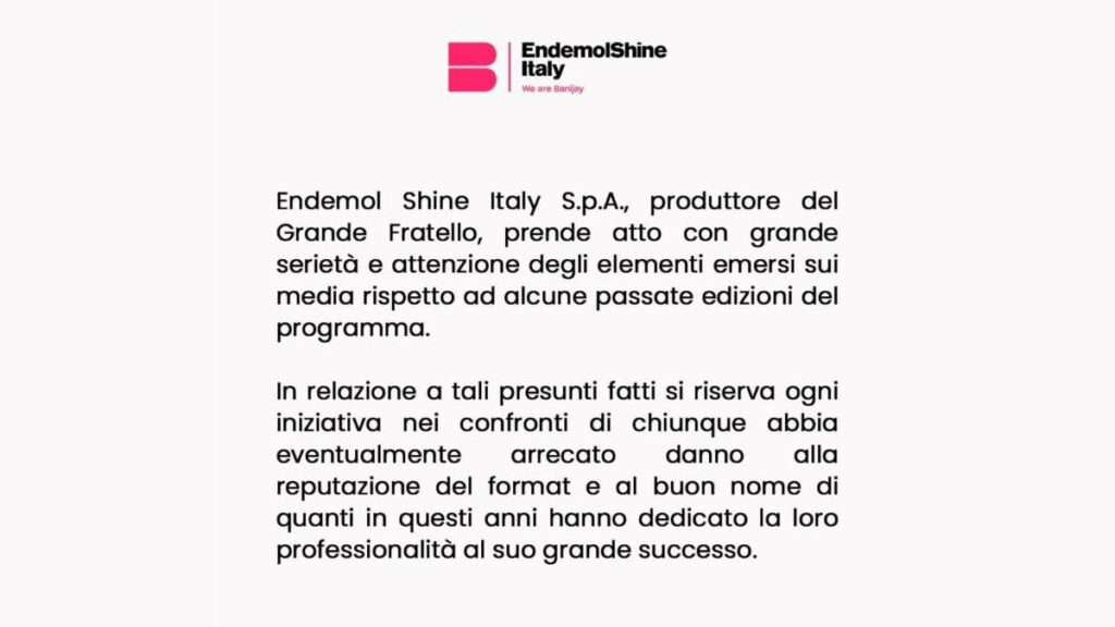 Caso Signorini-Corona: il Comunicato Stampa di Endemol 