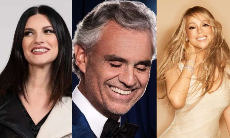 Ospiti Olimpiadi 2026, da sx, Laura Pausini, Andrea Bocelli, Mariah Carey