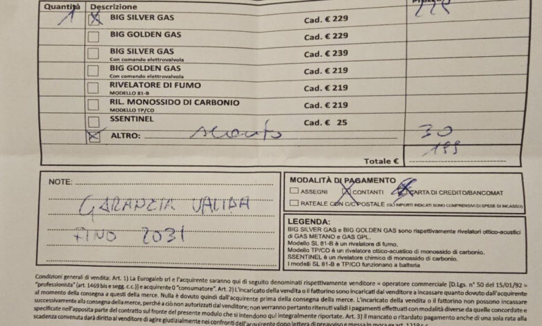 Ricevuta del rilevatore di gas venduto a 195 euro.