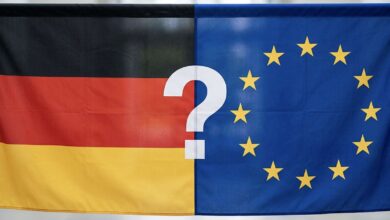 Split flag banner showing Germany's black-red-gold on the left and the EU blue flag with yellow stars on the right, with a large white question mark in the center.