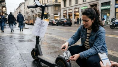 Young woman crouches beside a parked electric scooter on a city street, attaching a white license plate to the rear.