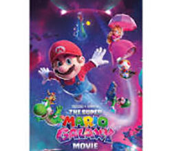 Poster for The Super Mario Bros Movie: Mario jumping toward the viewer in a colorful space backdrop with other characters in the background.