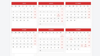 Calendario di sei mesi: Luglio, Agosto, Settembre, Ottobre, Novembre, Dicembre con intestazioni rosse e griglie di date.