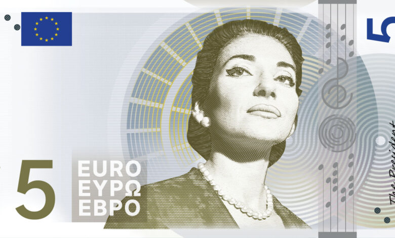 Nuova banconota in euro candidata "Disegno E" Fronte con Maria Callas