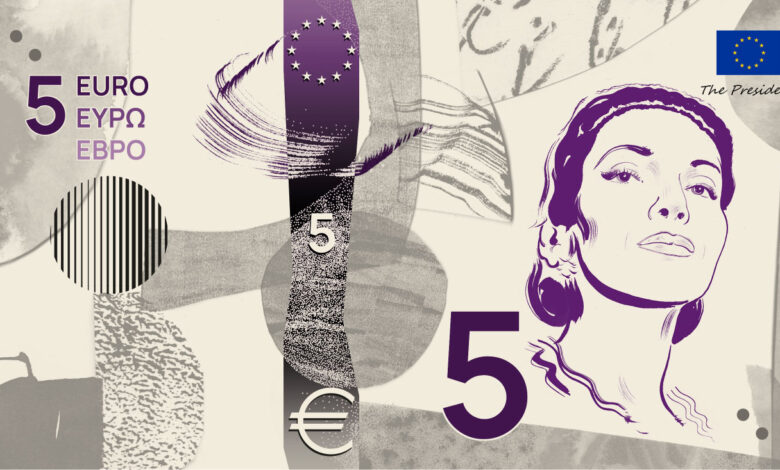 Nuova banconota in euro candidata "Disegno F" Fronte con Maria Callas