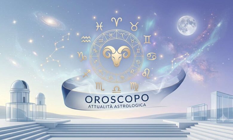 Astrology banner with a gold zodiac wheel, ram symbol, and the Italian text 'OROSCOPO ATTUALITA ASTROLOGICA' in a futuristic setting.